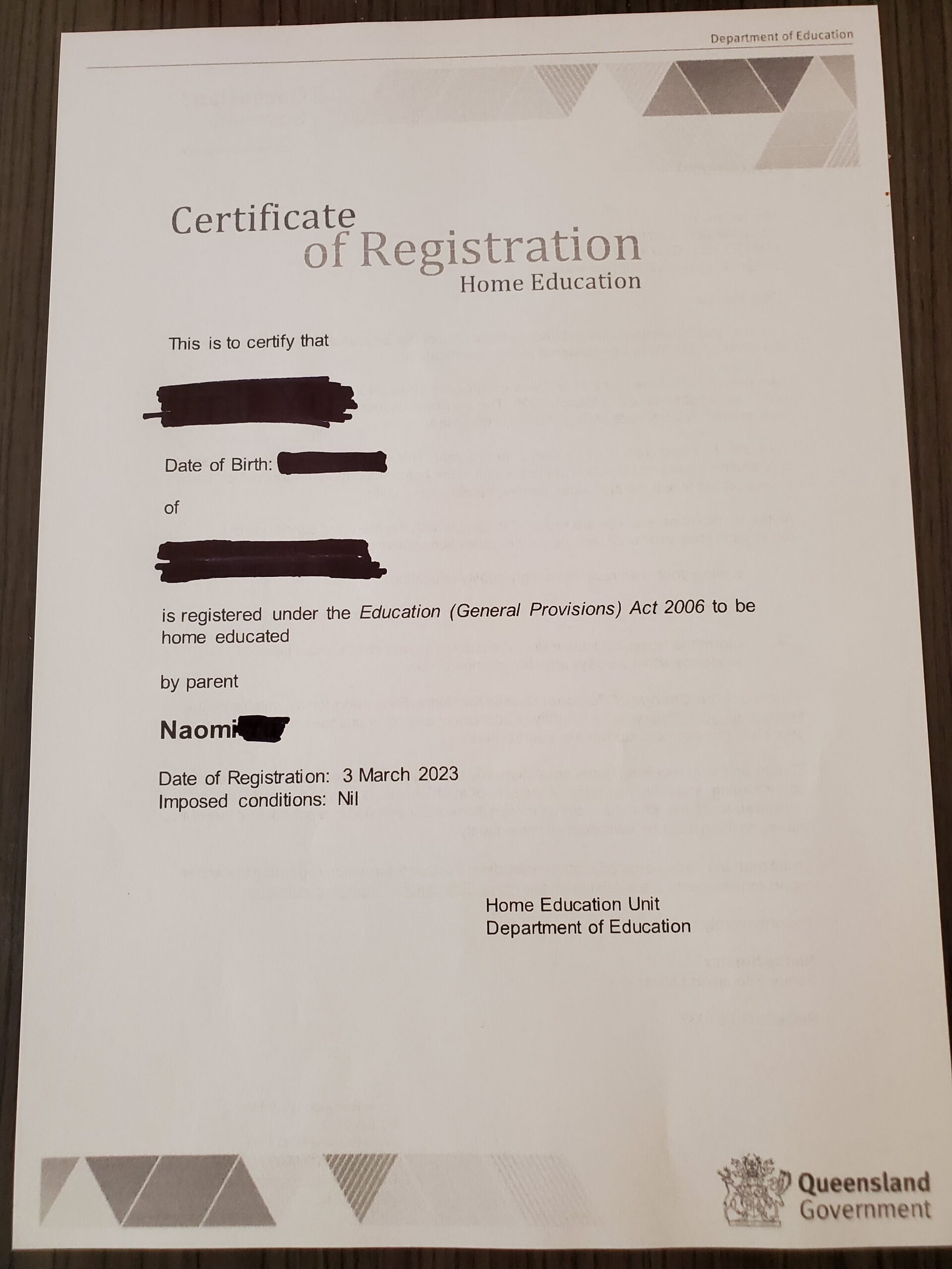 Queensland Home Education Registration certificate