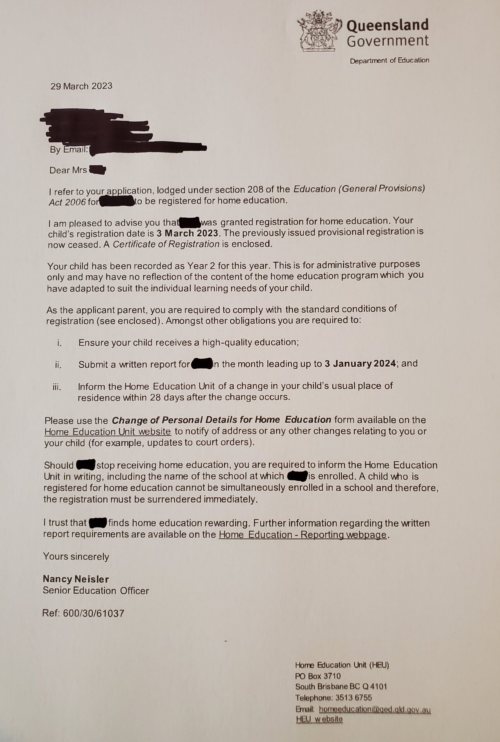 Approved homeschool registration application