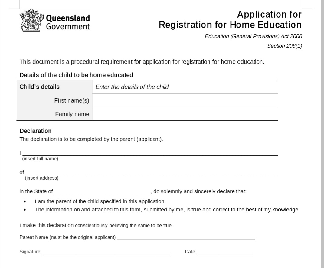 application for registration for home education