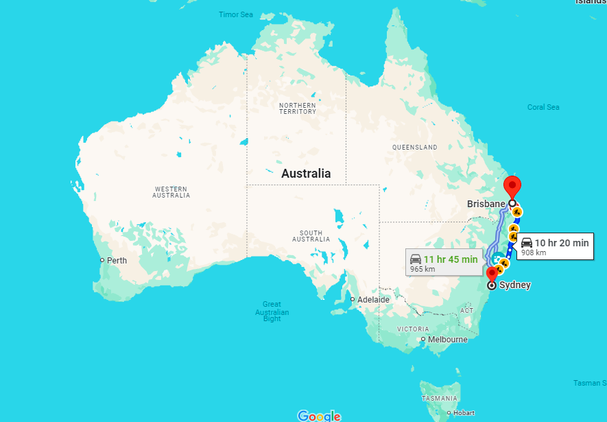 Map of trip Brisbane to Sydney